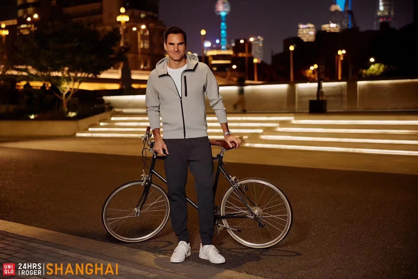 Roger Federer at night in Shanghai for Uniqlo